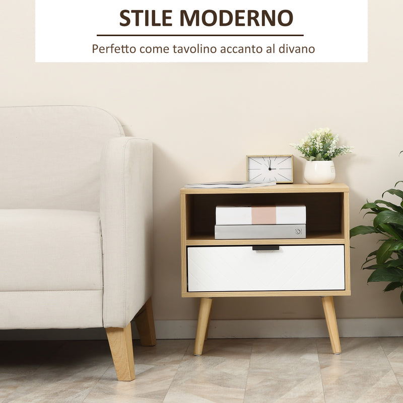 Comodino Moderno con Cassetto Estraibile e Ripiano Aperto 50x39,5x49,5 cm in Legno Bianco e color Legno