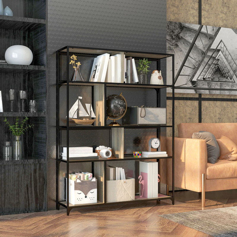 Libreria Design Industriale a 5 Livelli Porta Metallica Scorrevole 120x30x161 cm in Legno e Acciaio Nero e Grigio