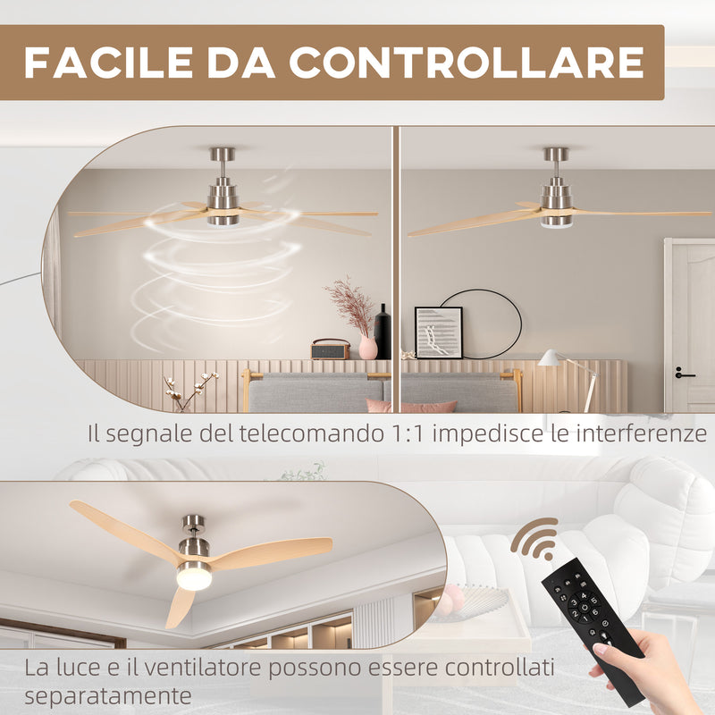 Ventilatore da Soffitto con Luce LED Bianca a 6 Velocità e Timer Ø132 x 43A cm in Metallo e Acrilico 