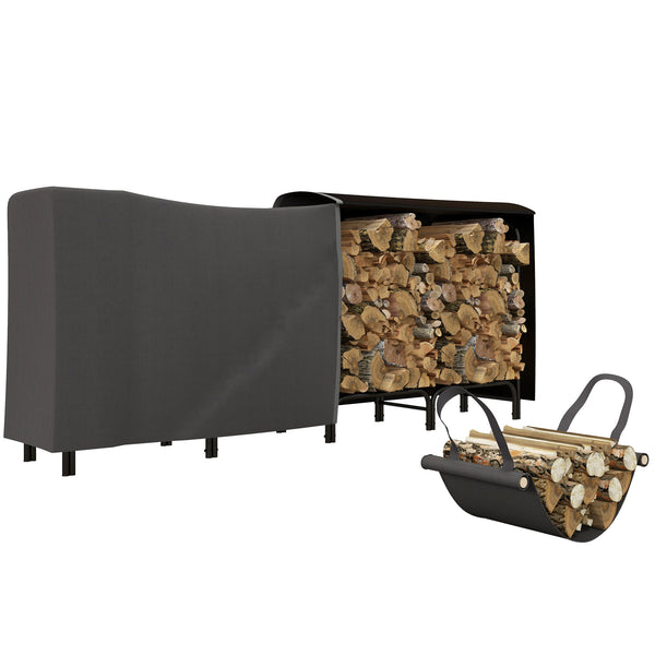 Portalegna per Camino da Interno ed Esterno con Telo Porta Legna e Copertura 240x36x99 cm in Metallo Nero sconto