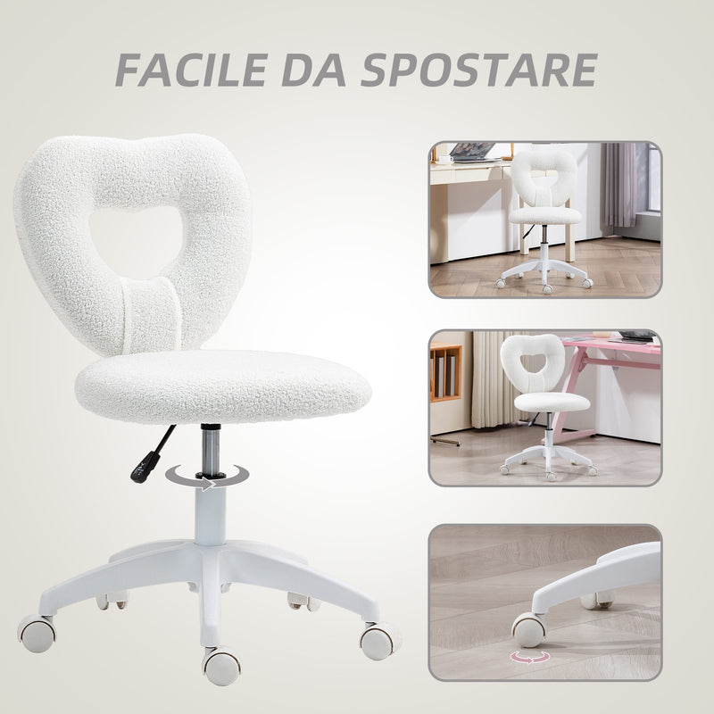 Sedia da Ufficio 45x56x78-88 cm con Schienale a Cuore in Velluto Teddy e Plastica Bianco  