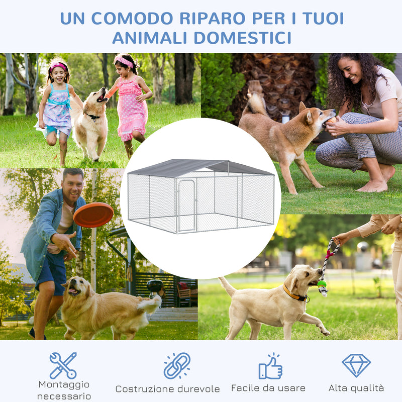 Gabbia Kennel per Cani da Esterno 400x400x232 cm in Metallo e Tetto in Tessuto Oxford Argento
