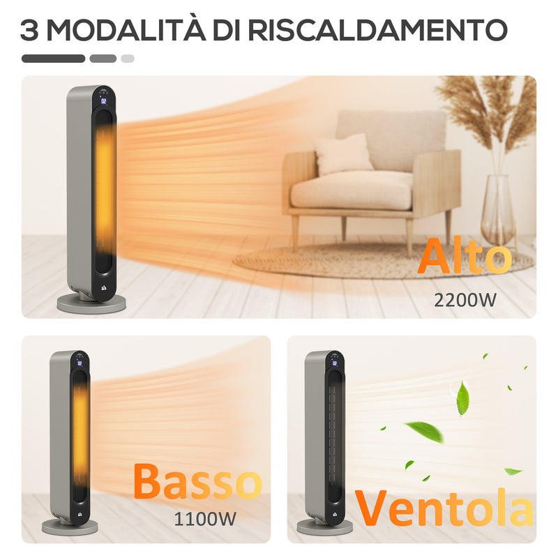 Stufa Elettrica Oscillante 3 Modalità Ø25x73,5 cm 2200W con Telecomando Argento