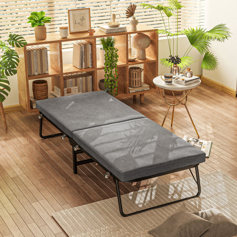 Letto Singolo Brandina Pieghevole 180x70x38 cm Materasso in Tessuto Effetto Lino Grigio   