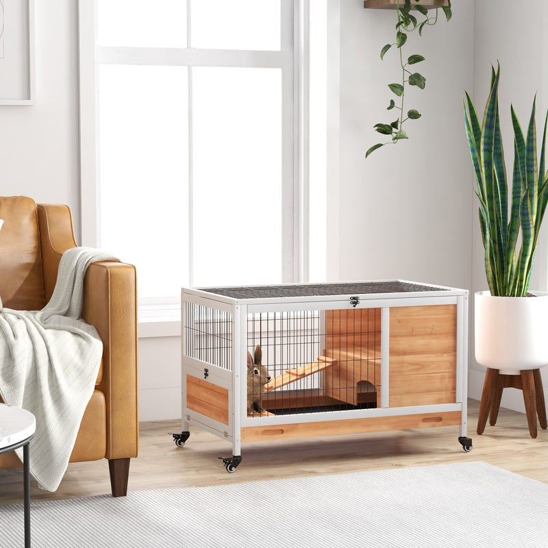 Casetta per Conigli con Rampa e Ruote 90x53x59 cm Conigliera in Legno    