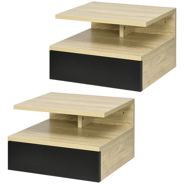 Set di 2 Comodini Sospesi Moderni con Cassetto e Mensola Superiore 35x32x22,5 cm  Rovere e Nero acquista