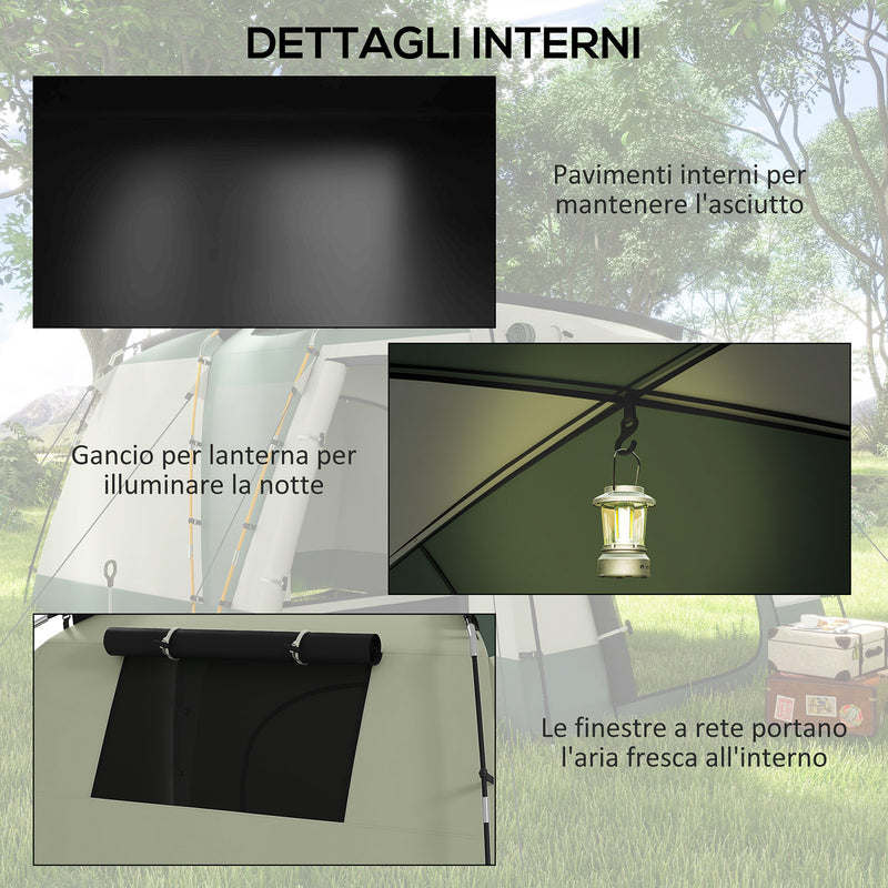 Tenda da Campeggio 4 Posti Impermeabile con Zona Notte e Zona Giorno 460x300x200 cm in Poliestere Verde-6