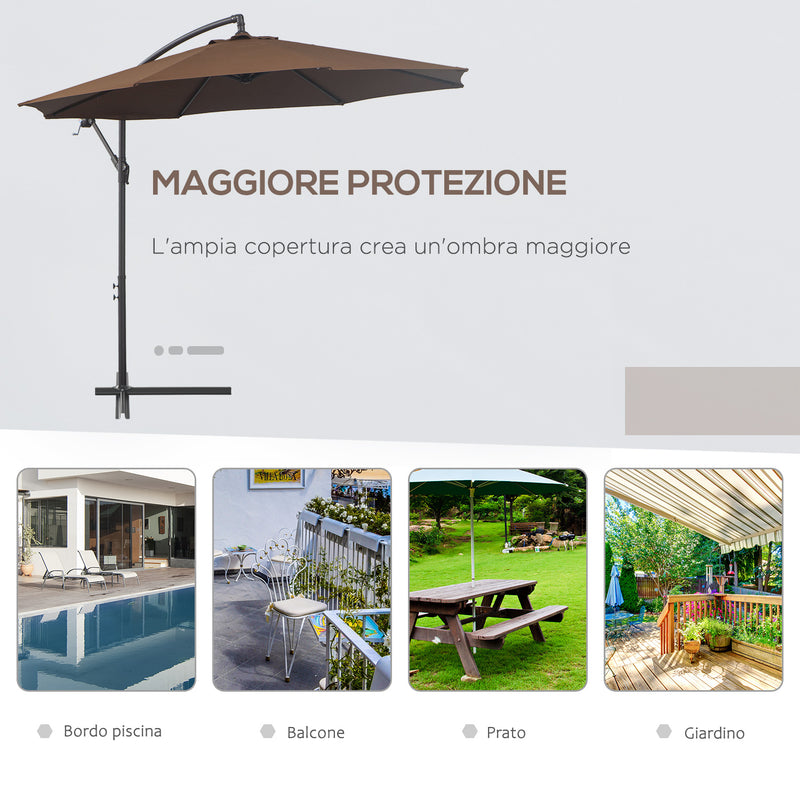Ombrellone Decentrato da Giardino Ø300x250 cm con Base a Croce e Manovella in Acciaio e Poliestere Caffè  