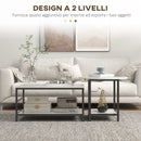 Set 2 Tavolini da Caffè a 2 Livelli con Piano d'Appoggio Effetto Marmo in Truciolato e Acciaio Bianco e Nero