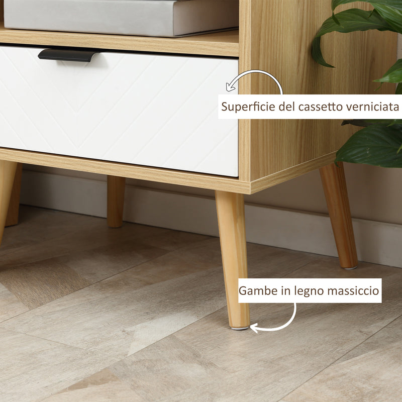 Comodino Moderno con Cassetto Estraibile e Ripiano Aperto 50x39,5x49,5 cm in Legno Bianco e color Legno
