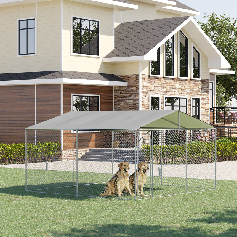 Gabbia Kennel per Cani da Esterno 400x400x232 cm in Metallo e Tetto in Tessuto Oxford Argento