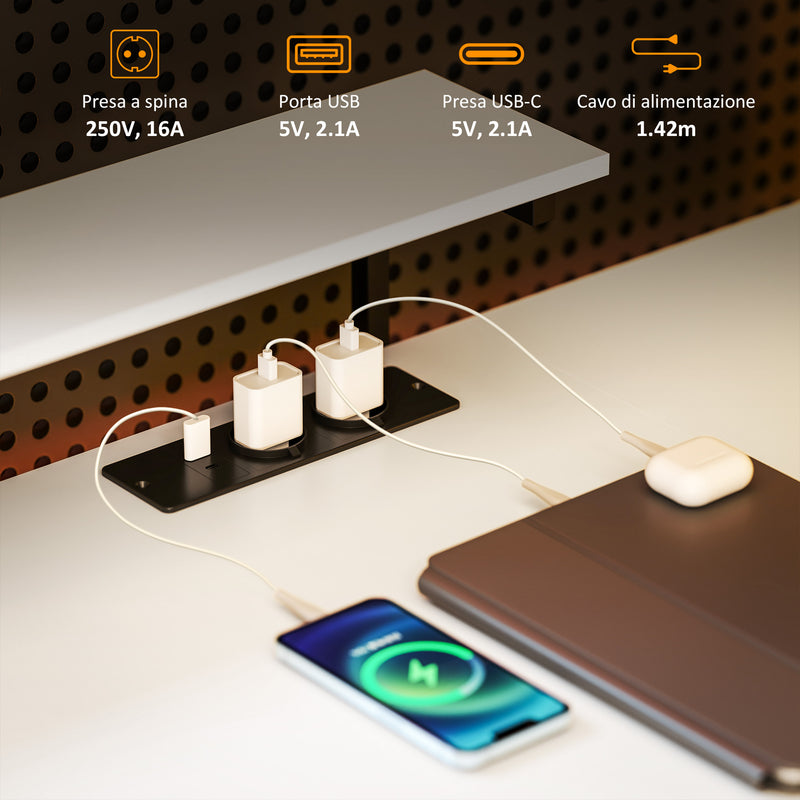 Scrivania Angolare 137x140x139,5 cm Supporto per Monitor Presa Elettrica e USB Bianco e Nero   