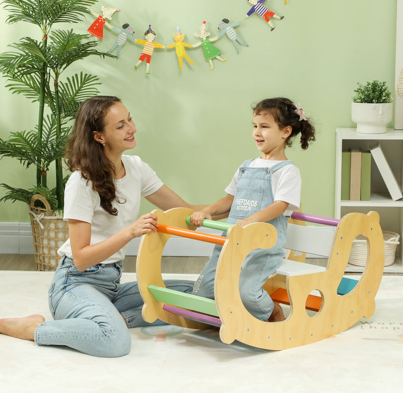Gioco per Bambini 2 in 1 Arco Montessoriano Sedia a Dondolo 91x41x48 cm in Legno di Pino  