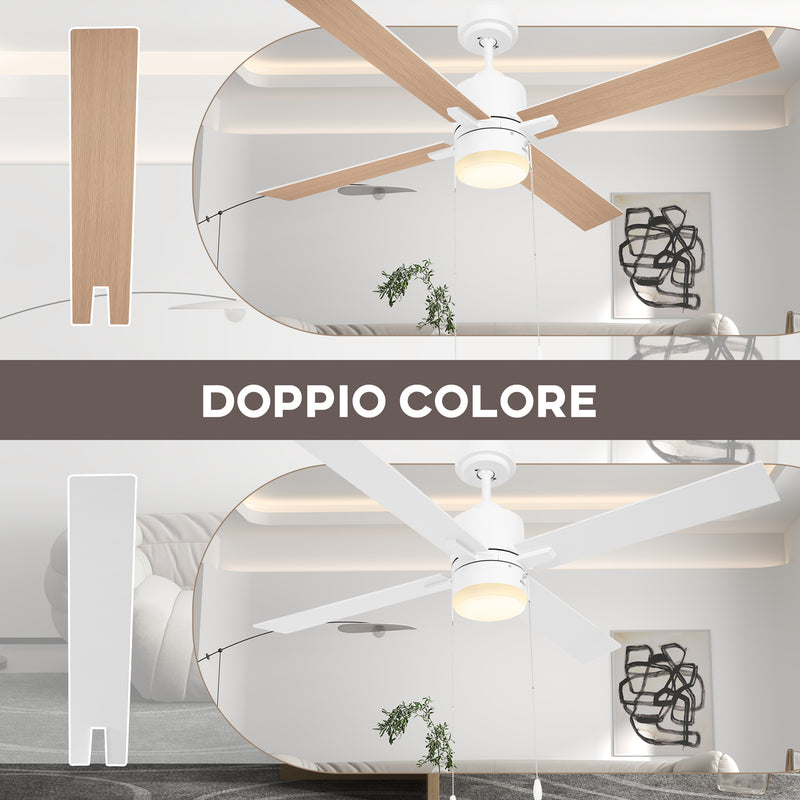 Ventilatore da Soffitto con Luce LED Ø130 cm 3 Velocità e Motore Reversibile Bianco e Legno