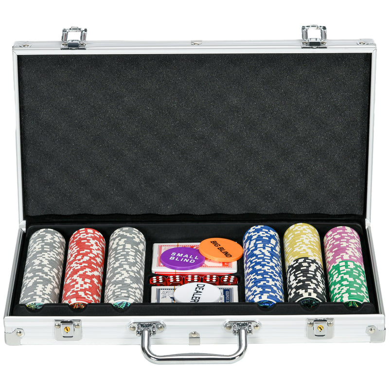 Set Poker per 7-8 Giocatori con 300 Fiches 2 Mazzi di Carte e 5 Dadi con Valigetta in Alluminio e Poliestere Argento