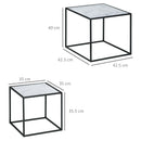 Set 2 Tavolini Quadrati Impilabili in Acciaio e Vetro Temperato Nero e Effetto Marmo