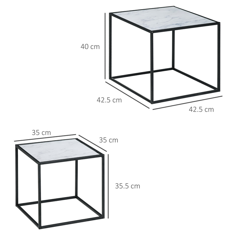 Set 2 Tavolini Quadrati Impilabili in Acciaio e Vetro Temperato Nero e Effetto Marmo