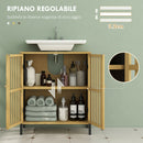 Mobile Sottolavabo Bagno con 2 Ante a Doghe 60x30x70 cm in Legno di Bambù e MDF con Intaglio a U Legno Naturale e Nero