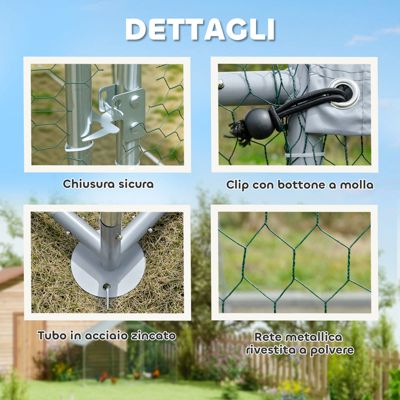 Recinto per Galline da 10 mq 300x340x190 cm per 10-15 Galline con Tetto Impermeabile in Acciaio e Tessuto Argento 