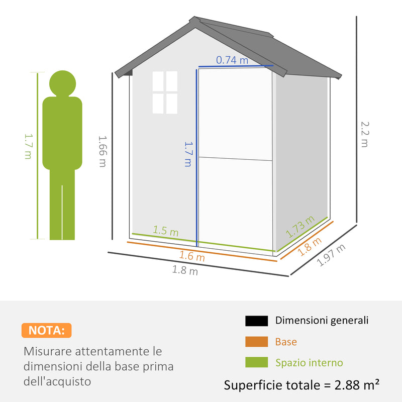 Casetta da Giardino in Legno 1.8x2m con Porta Doppia Finestra e Base Inclusa Colore Legno-3