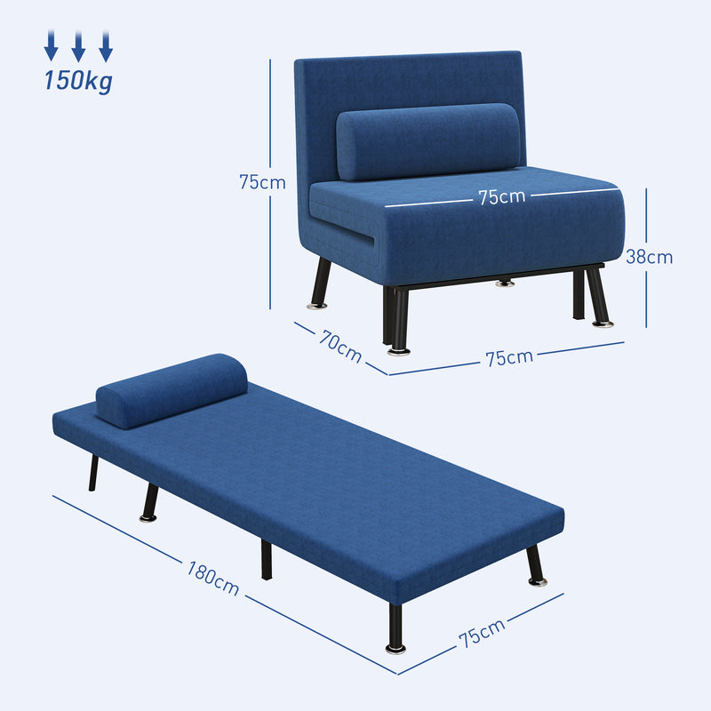 Poltrona Letto Reclinabile in 5 Posizioni 75x70x75 cm in Tessuto Effetto Lino e Acciaio Blu Scuro  