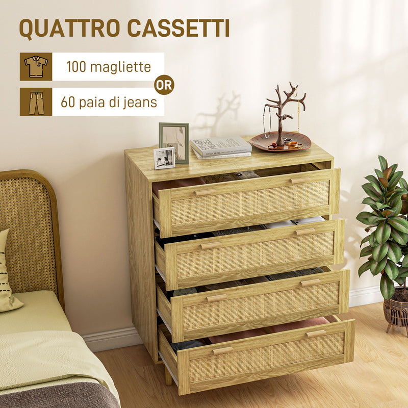 Cassettiera 4 Cassetti Stile Boho 90x45x108,5 cm in Legno e Rattan Rovere 