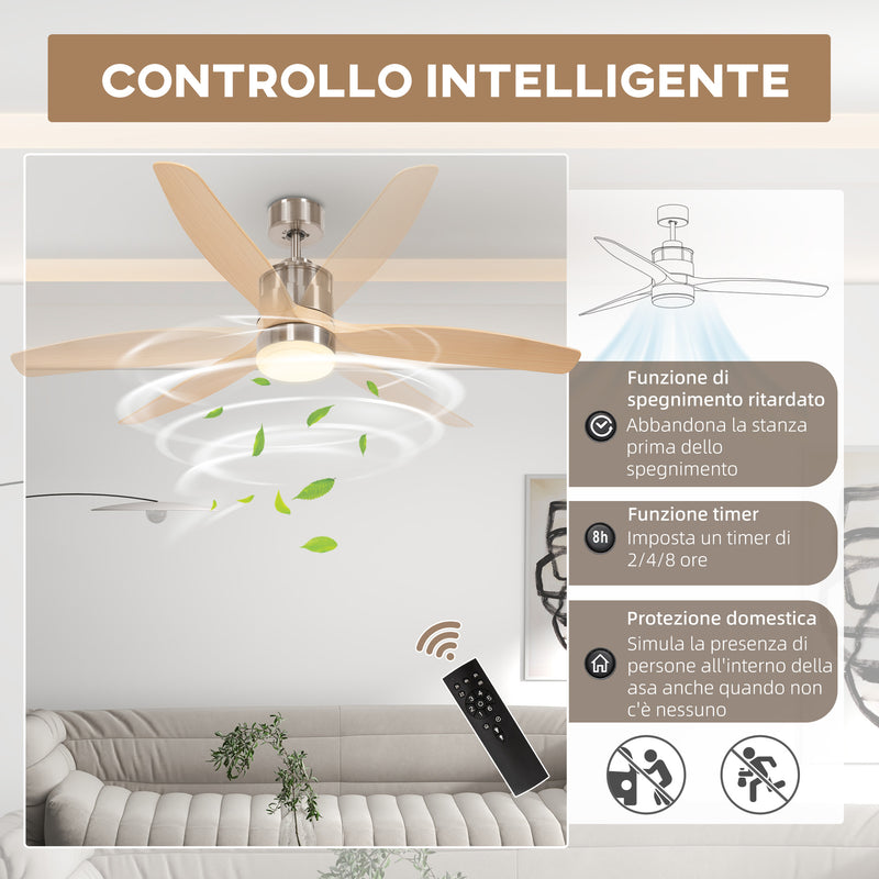Ventilatore da Soffitto con Luce LED Bianca a 6 Velocità e Timer Ø132 x 43A cm in Metallo e Acrilico 