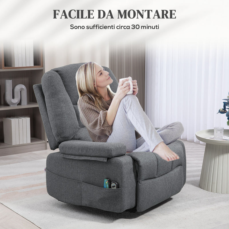 Poltrona Alzapersona Reclinabile a 135° 8 Punti Massaggianti in Tessuto Effetto Lino Grigio  