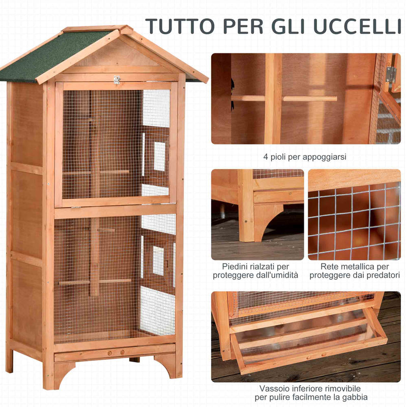 Gabbia per Uccelli 80,5x57x153 cm 3 Aperture con 4 Posatoi e Vassoio Rimovibile in Legno e Metallo Arancione  