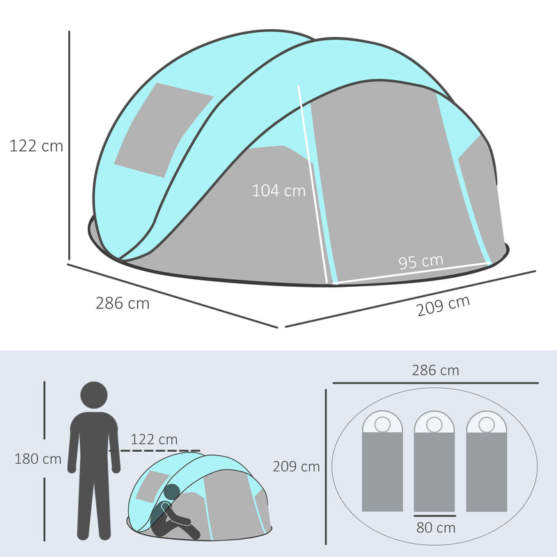 Tenda da Campeggio 3 Persone a Cupola Pop-Up Automatica a Igloo 286x209x122 cm in Poliestere Azzurro