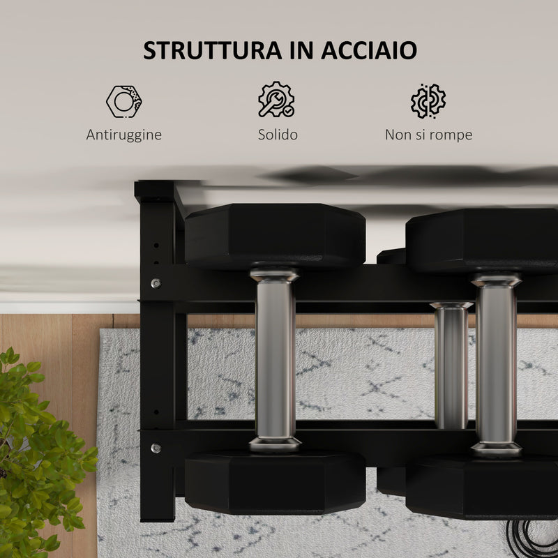 Rastrelliera Porta Manubri a 2 Livelli a Parete per 70kg max 98x40x35 cm in Acciaio Nero-6