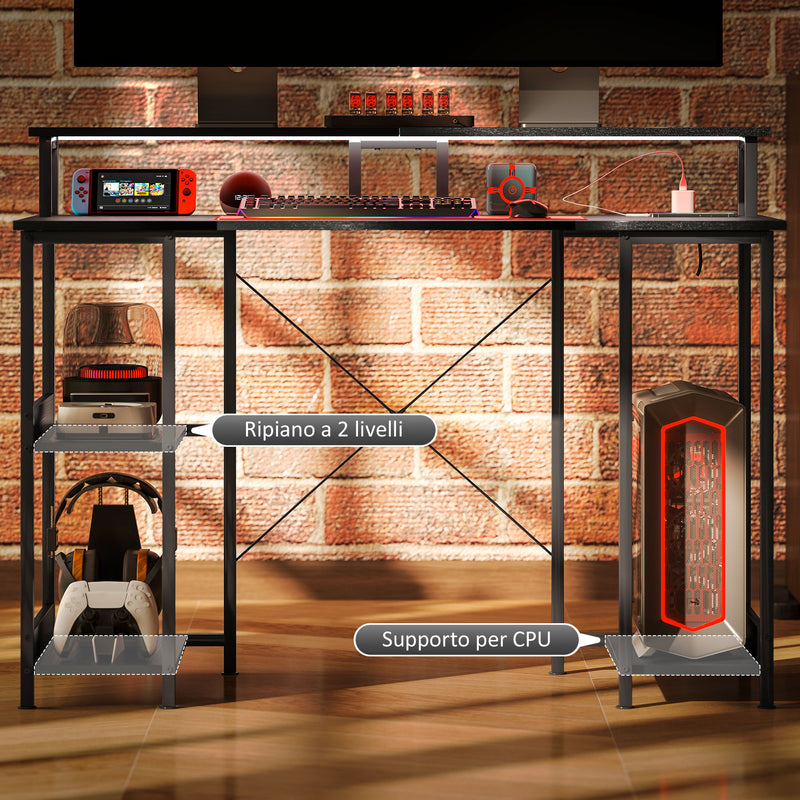 Scrivania per PC 120x 50x89,5 cm Reversibile con Prese Elettriche Luci e Supporto Monitor Nero   