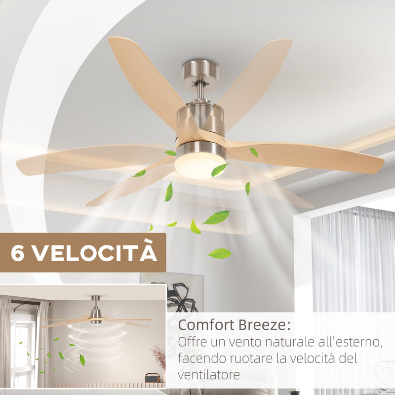 Ventilatore da Soffitto con Luce LED Bianca a 6 Velocità e Timer Ø132 x 43A cm in Metallo e Acrilico 
