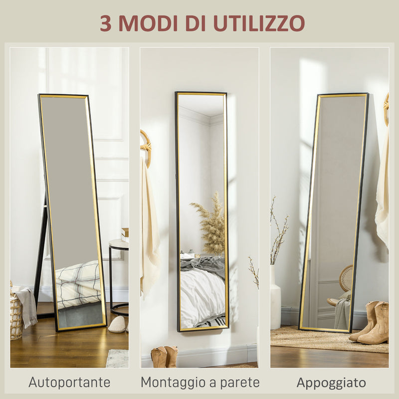 Specchio da Parete o da Terra Autoportante a Figura Intera 37x3x157 cm in Legno Nero e Oro 