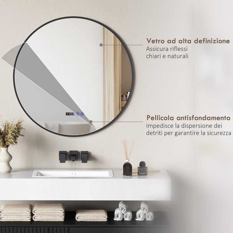 Specchio Bagno con Luce LED a 3 Tonalità Ø70 cm Antiappannamento e Display Tempo e Temperatura Nero   