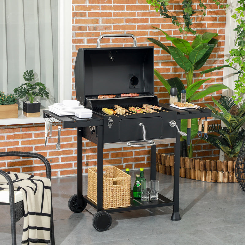 Barbecue a Carbone Griglia Regolabile con Coperchio Ruote e Tavolini Nero -2