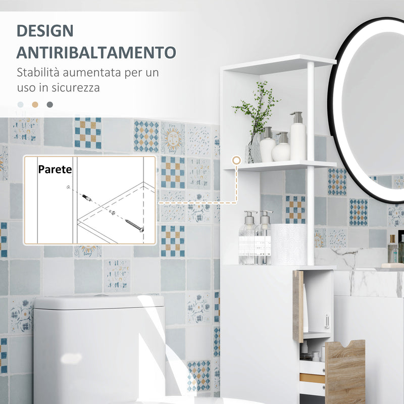 Mobile Colonna Bagno Salvaspazio  15x33x136 cm con Armadietto e Ripiani Legno e Bianco   