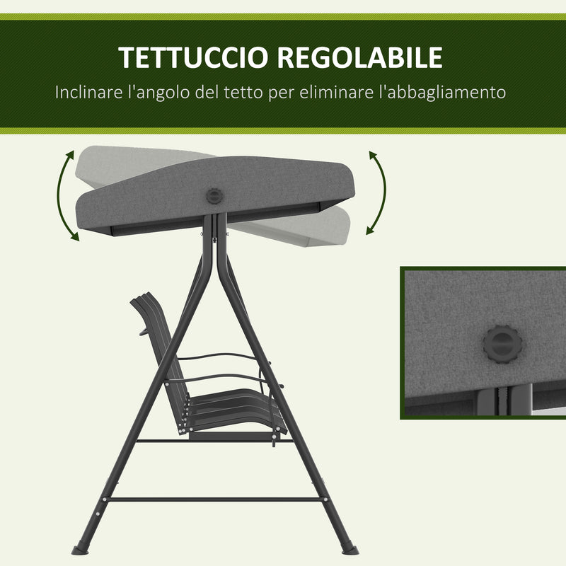 Dondolo da Giardino 3 Posti 195x118x170 cm con Tettuccio Parasole Regolabile Grigio Scuro  