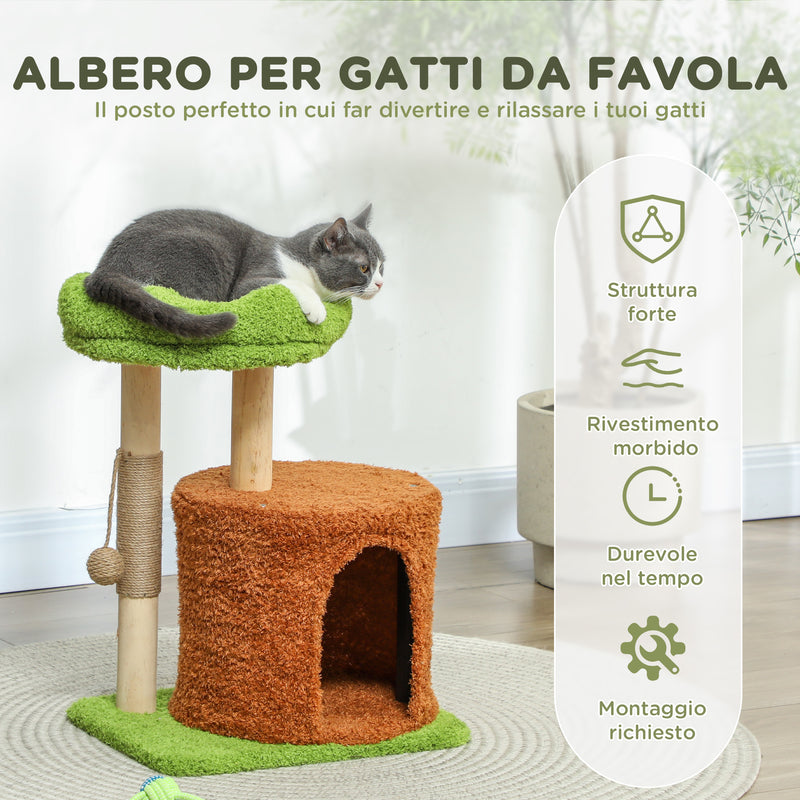Albero Tiragraffi per Gatti con Casetta Lettino e Gioco 44x33x61 cm in Legno e Peluche Verde 