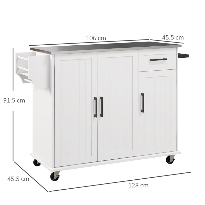 Carrello Isola da Cucina 128x45,5x91,5 cm in MDF e Acciaio Inox Bianco