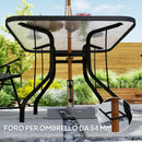 Tavolo da Giardino a 4 Posti 96,5x96,5x70 cm con Piano in Vetro e Foro per Ombrellone Ø54 mm Nero   