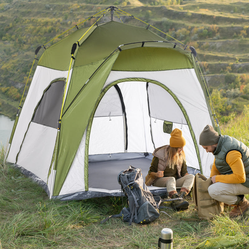 Tenda da Campeggio 2 Posti Pop Up 240x240x199 cm con Porta a Cerniera e 3 Finestre Verde
