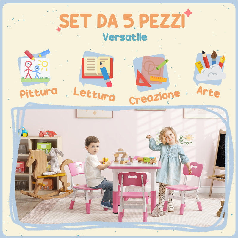 Set Tavolo con 4 Sedie per Bambini Altezza Regolabile Rosa  