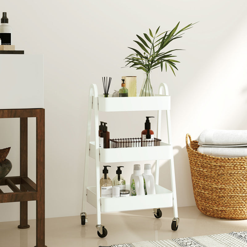 Carrello da Cucina Multiuso a 3 Livelli 42,4x29,8x74,5H cm con Ruote e Freno Bianco   