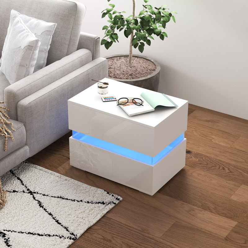 Comodino 2 Cassetti 60x39x47 cm con LED in Truciolato Bianco