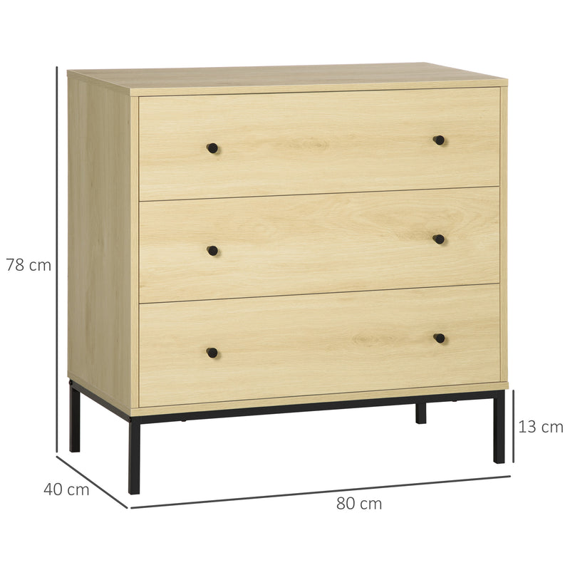 Cassettiera 3 Cassetti 80x40x78 cm in Acciaio e Legno Naturale