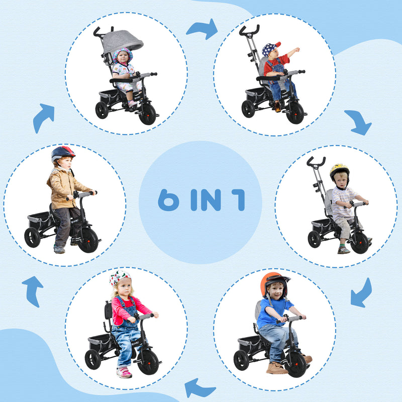 Triciclo per Bambini con Maniglione 6 in 1 Tettuccio Regolabile e Cintura di Sicurezza Grigio-5