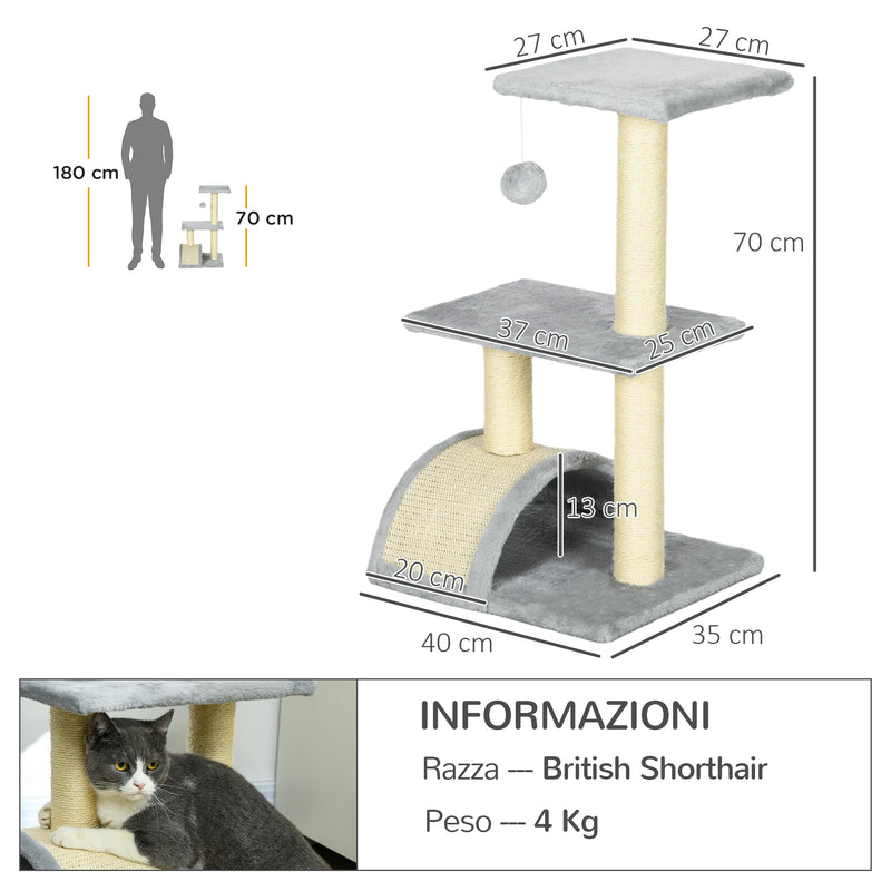 Albero Tiragraffi per Gatti a 3 Livelli 40x35x72 cm con Tiragraffi Grigio Chiaro  