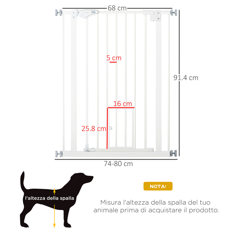 Cancelletto di Sicurezza per Cani con Porta Piccola Montaggio a Pressione Chiusura Automatica 74-80x91,4 cm Bianco