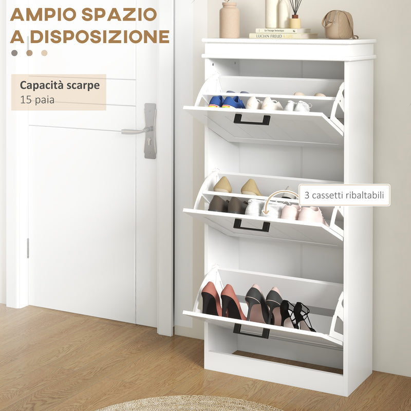 Scarpiera 3 Cassetti Ribaltabili e Regolabili 15 Paia di Scarpe 54x24x117,5 cm Bianco  